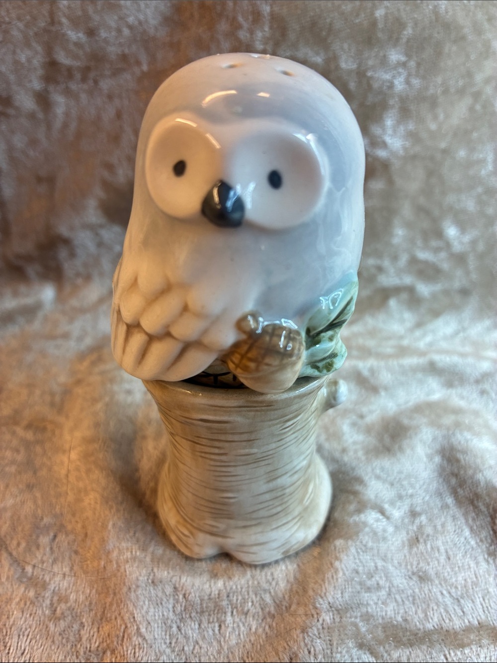 White Ceramic Owl Salt Shaker with Green and Brown Accents